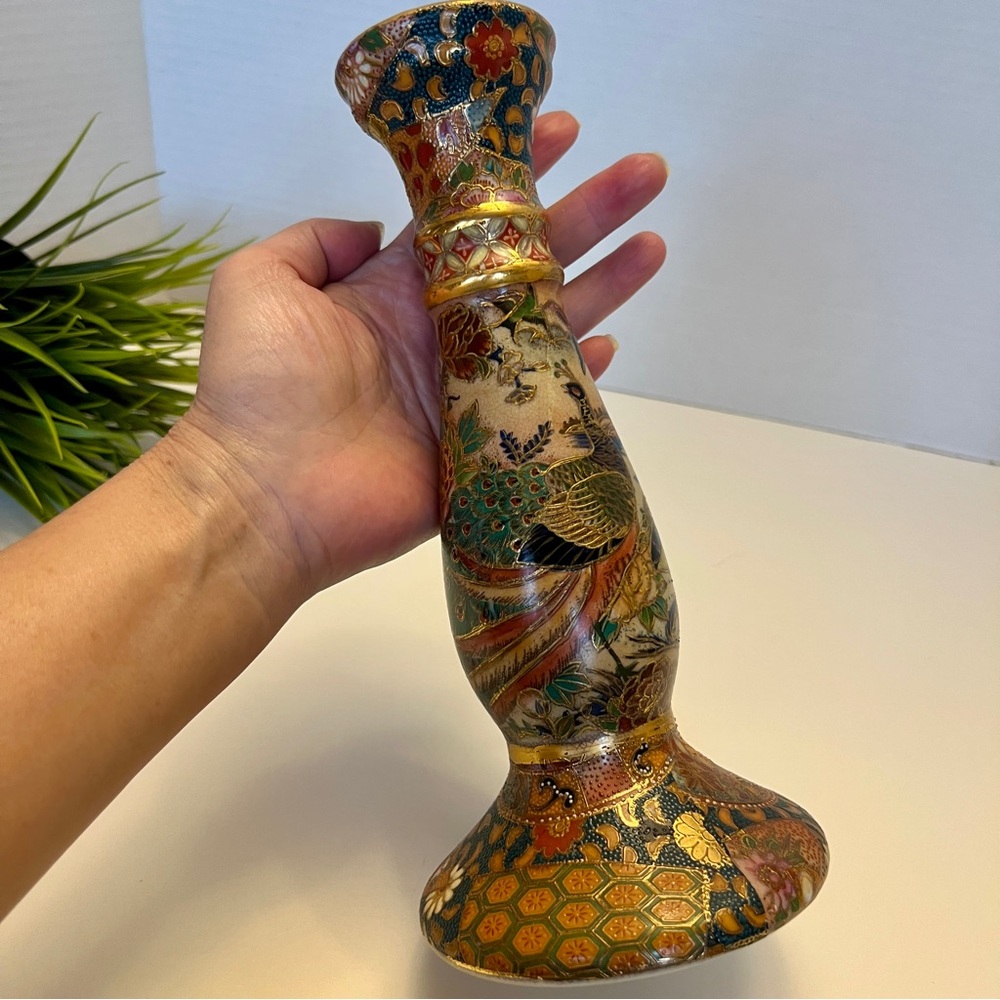 Vintage Japanese Royai Satsuma ware Ceramic candlestick Peacock Design